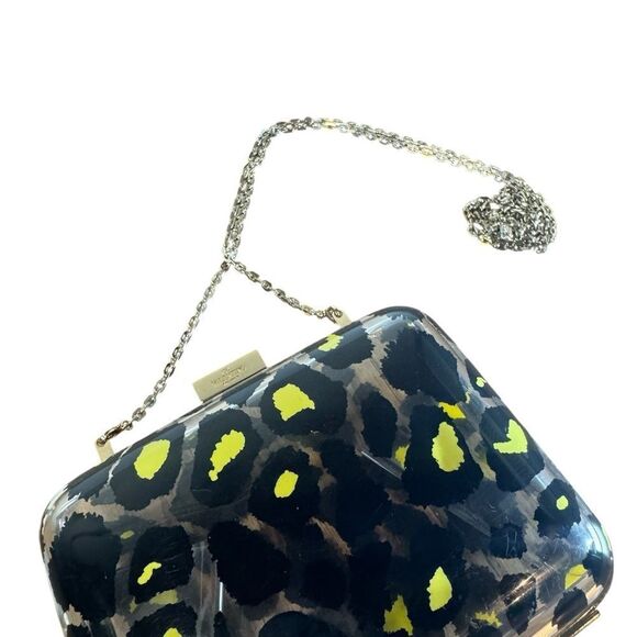 VALENTINO GARAVANI Black Yellow Leopard Print Acrylic Framed Clutch Chainlink - Picture 9 of 15